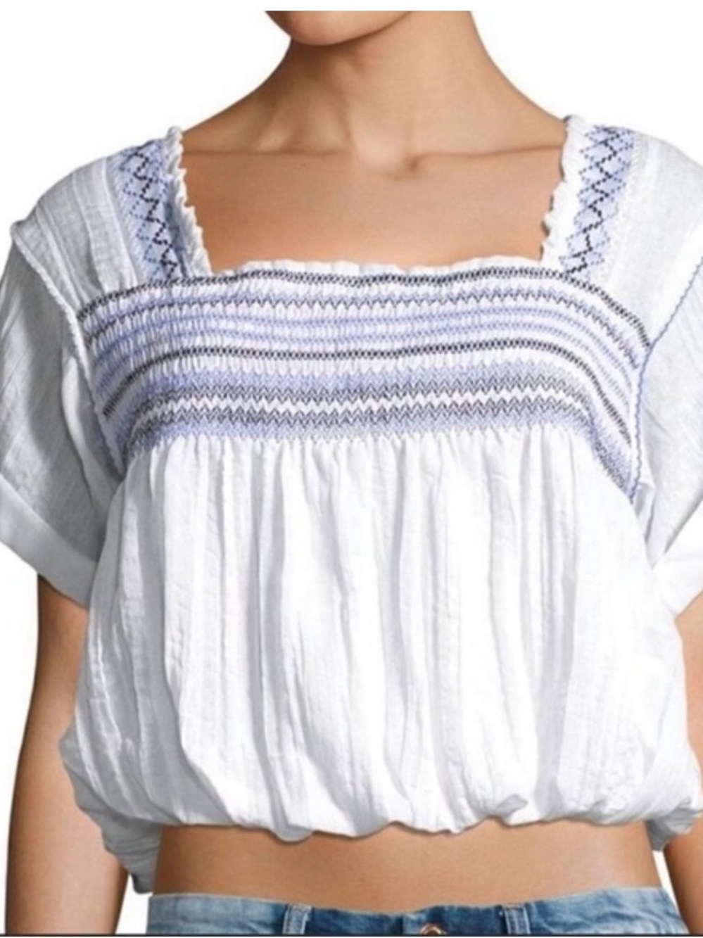 Free People White Cropped Smocked Square-Neck Top with Blue Embroidery